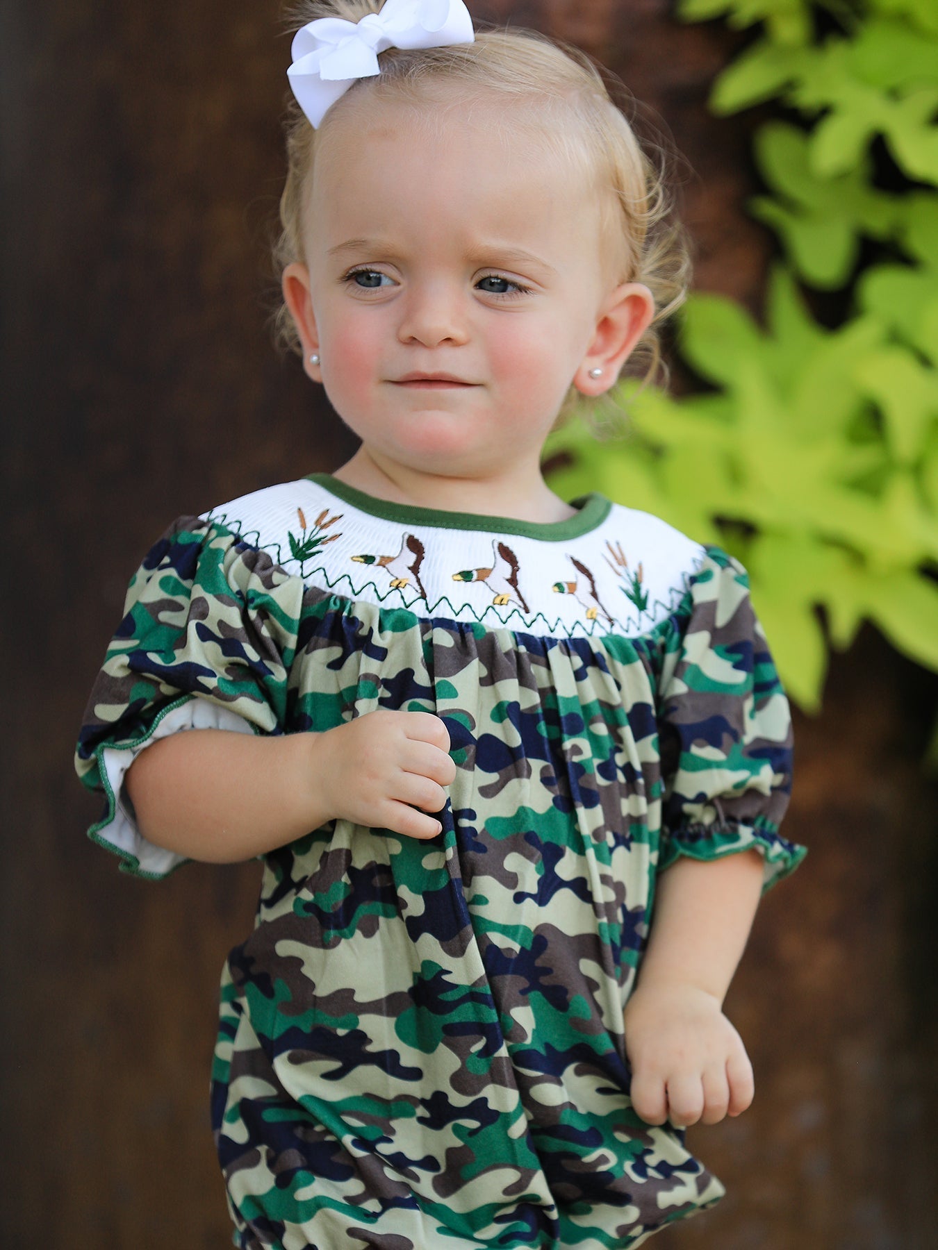 Camouflage Duck Smocking Embroidery Girls Romper - Sunny Meadow Boutique