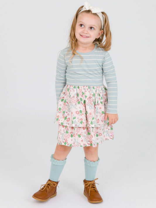 Girls Blushing In Pink Knit Long Sleeve Mix-Print Tiered Dress