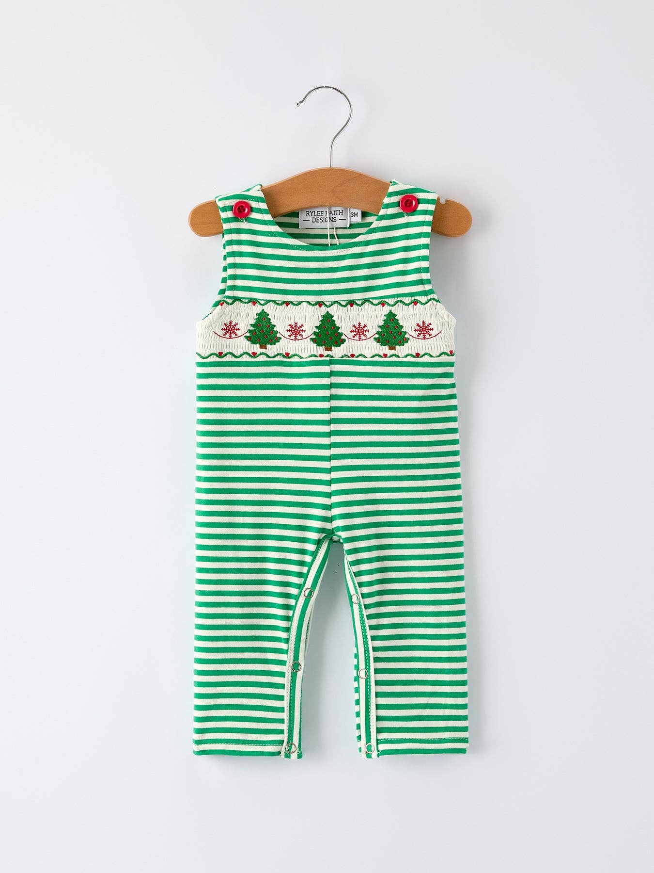Christmas Tree Smocked Green Stripe Baby Boy Romper - Sunny Meadow Boutique