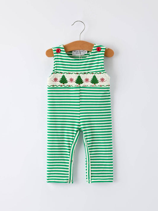 Christmas Tree Smocked Green Stripe Baby Boy Romper - Sunny Meadow Boutique
