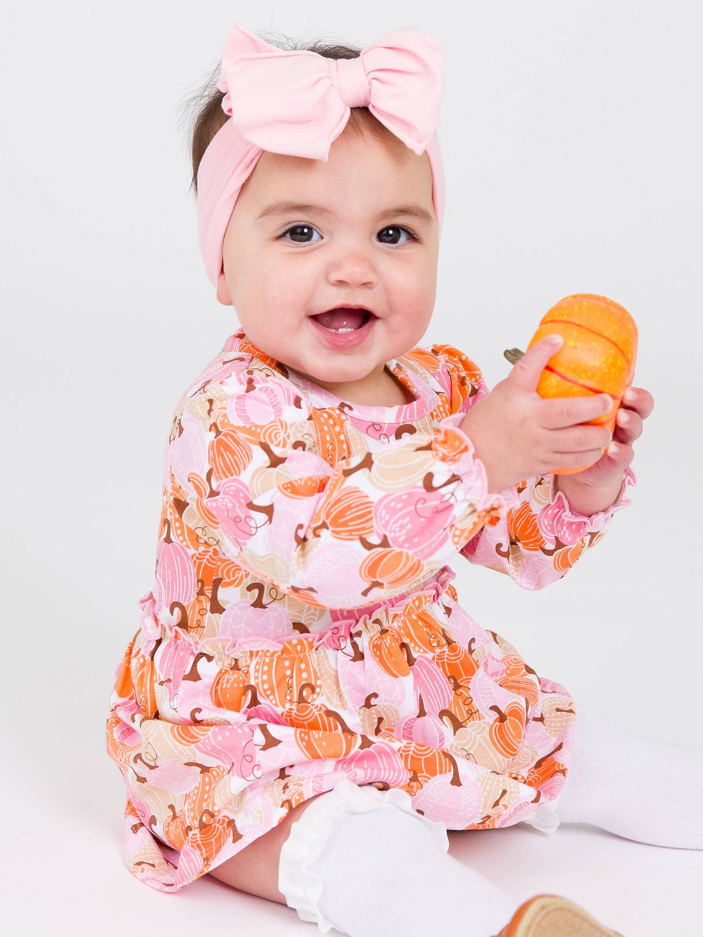 Baby Girls Pink Pumpkin Patch Knit Long Sleeve Skirted Romper