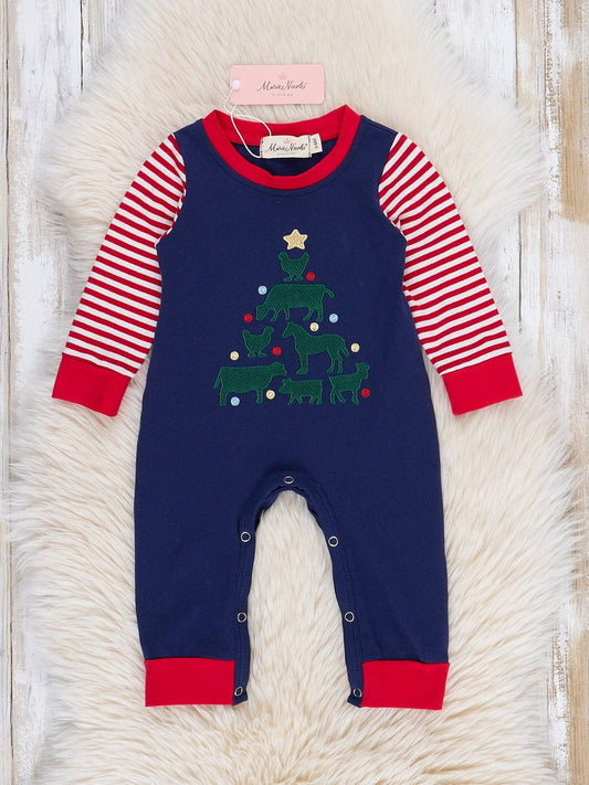 Navy & Red Stripe Embroidered Tree Romper