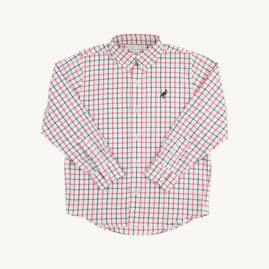 Plaid shirt with a brand logo on a white background