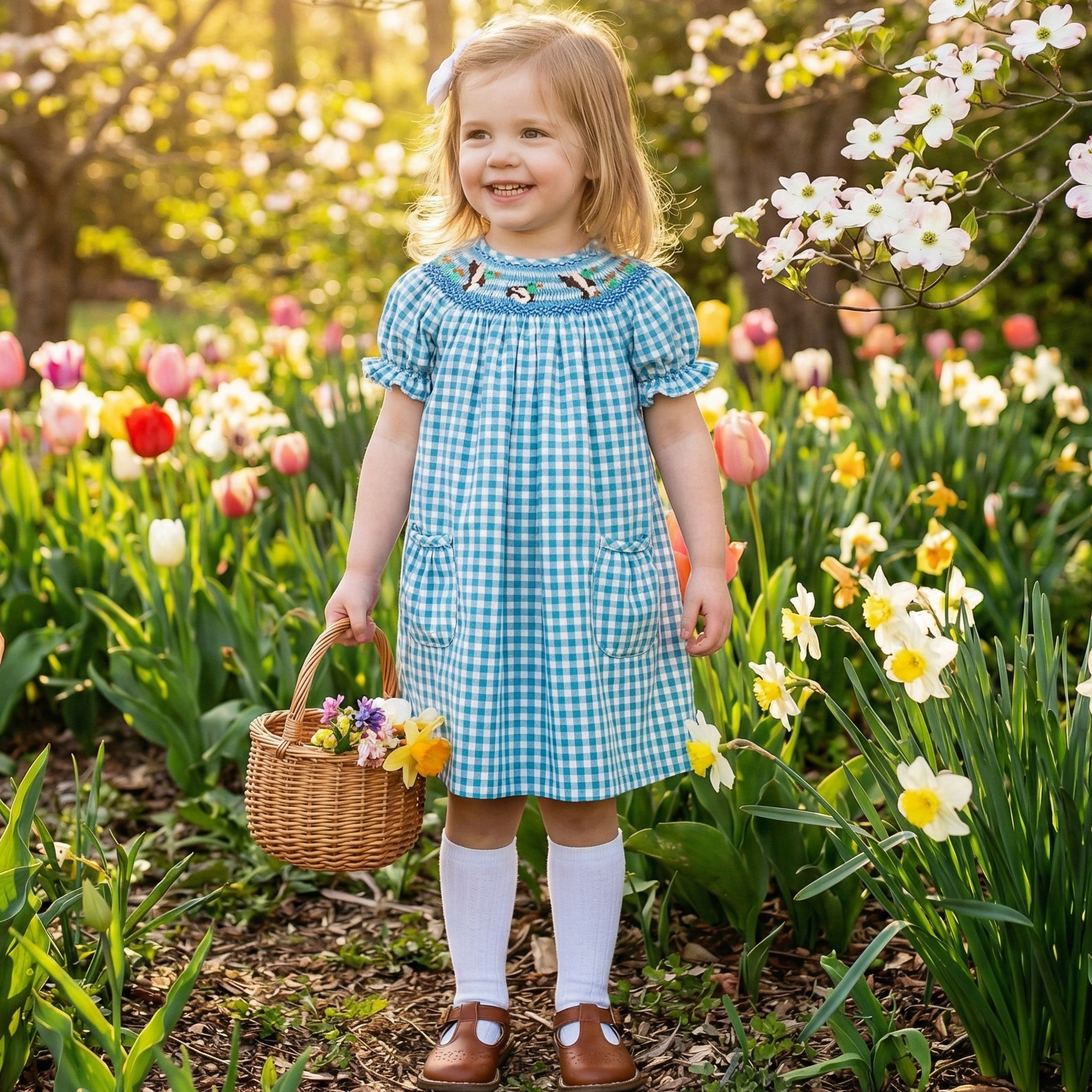 Delaney Blue Gingham Smocked Mallard Duck Bishop Dress - Sunny Meadow Boutique