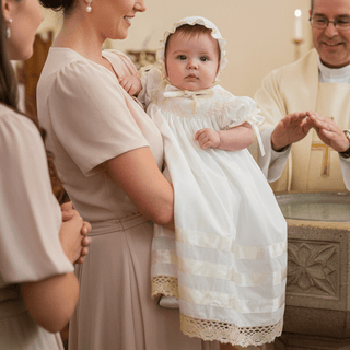 Delaney White & Ecru Hand - Smocked Cross Heirloom Day Gown with Matching Bonnet - Sunny Meadow Boutique