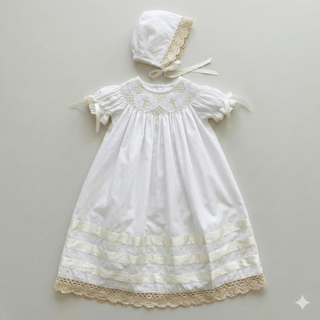 Delaney White & Ecru Hand - Smocked Cross Heirloom Day Gown with Matching Bonnet - Sunny Meadow Boutique