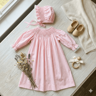 Delaney White Long Sleeve Smocked Cross Heirloom Day Gown & Bonnet Set - Sunny Meadow Boutique
