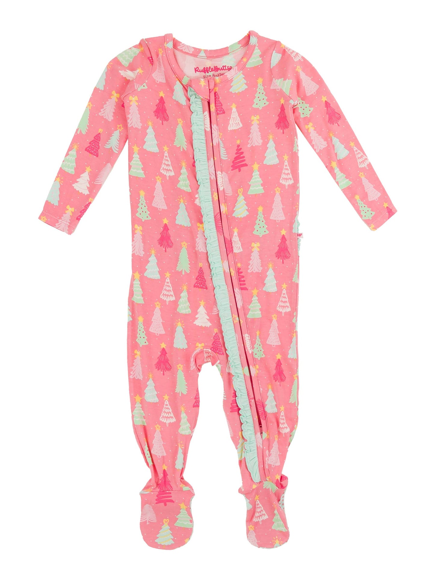 Baby Girls Merry Pink Pines Bamboo Viscose Footed Ruffle One Piece Pajama