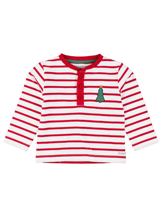 Boys Christmas Tree Red Stripe Knit Long Sleeve Henley Tee