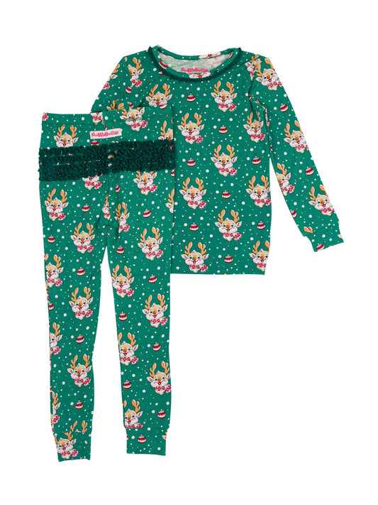 Toddler Girls Reindeer Cheer Bamboo Viscose Ruffle Long Sleeve Pajama Set