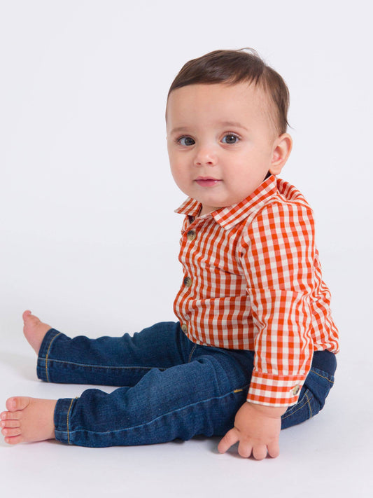 Baby Boys Classic Rust Gingham Long Sleeve Button Down Bodysuit