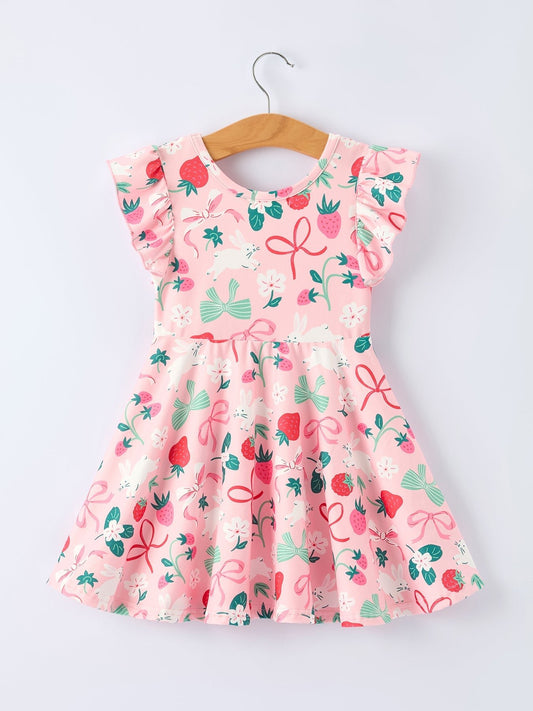 Easter Strawberry Bunny Bow Print Girls' Dress - Sunny Meadow Boutique
