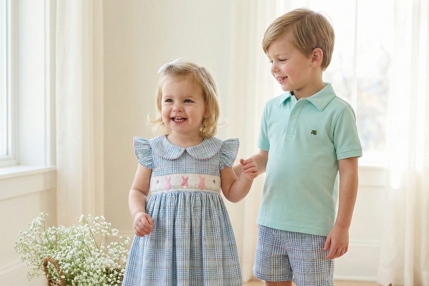 Two children, a girl in a dress and a boy in shorts, standing on a wooden floor with Easter decorations.