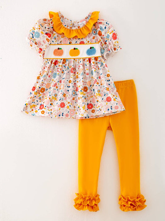 Pumpkin Patch Ruffle Set – Fall Floral Smocked Top & Mustard Leggings