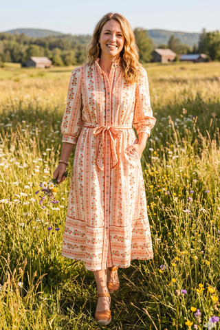 Entro Floral Puff Sleeve Belted Midi Dress with Pockets - Sunny Meadow Boutique