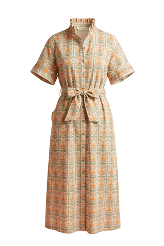 Entro Floral Striped Belted Midi Dress with Ruffle Neck & Pockets - Sunny Meadow Boutique