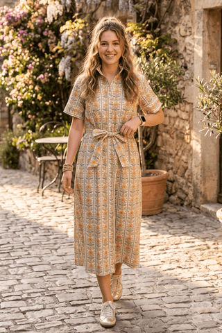 Entro Floral Striped Belted Midi Dress with Ruffle Neck & Pockets - Sunny Meadow Boutique
