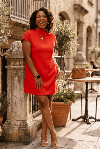 Entro Red Mock Neck Jersey Mini Dress with Pockets - Sunny Meadow Boutique