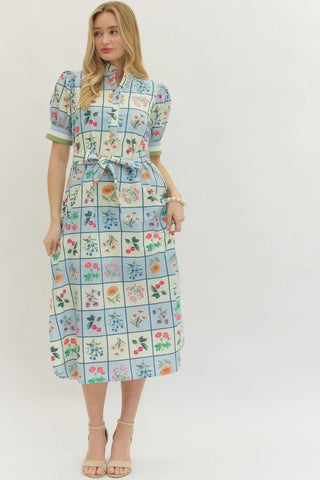 Entro Spring Floral Belted Midi Dress with Puff Sleeves - Sunny Meadow Boutique