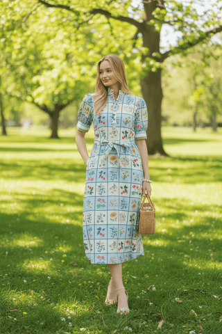Entro Spring Floral Belted Midi Dress with Puff Sleeves - Sunny Meadow Boutique