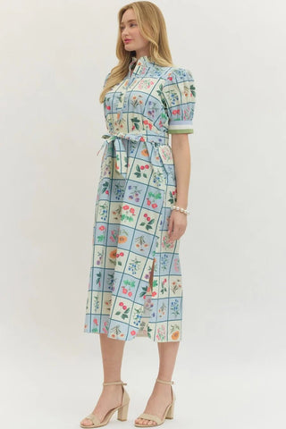 Entro Spring Floral Belted Midi Dress with Puff Sleeves - Sunny Meadow Boutique