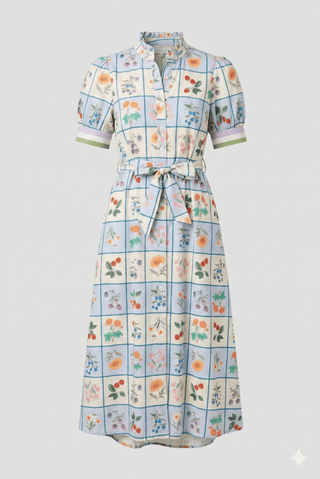Entro Spring Floral Belted Midi Dress with Puff Sleeves - Sunny Meadow Boutique
