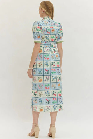 Entro Spring Floral Belted Midi Dress with Puff Sleeves - Sunny Meadow Boutique