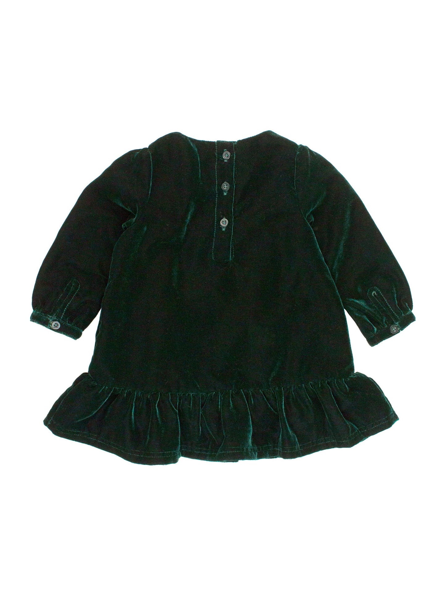 Girls Dark Hunter Green Velvet Long Sleeve Drop Waist Dress