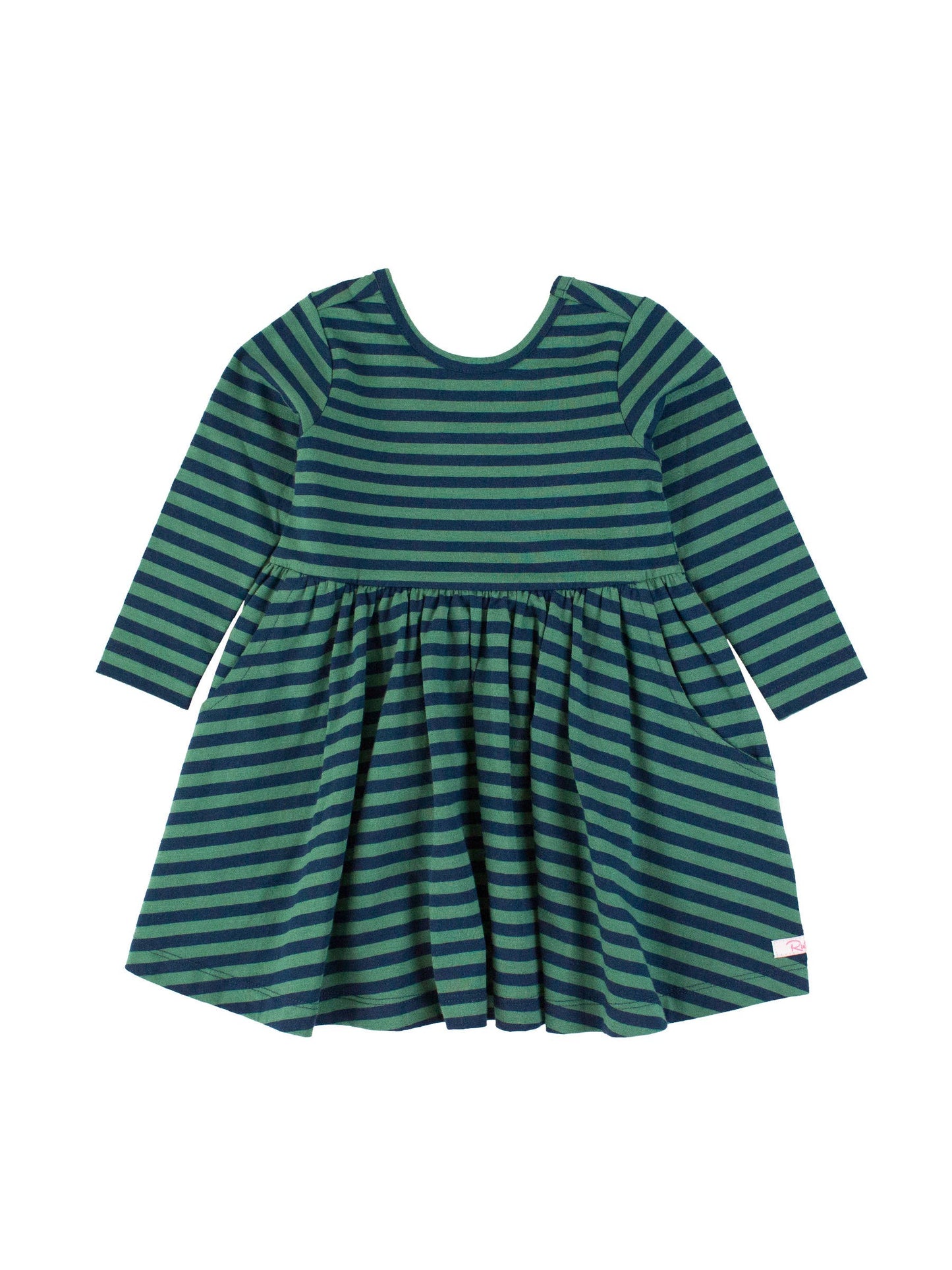 Girls Fir Green & Navy Stripe Knit Long Sleeve Twirl Dress