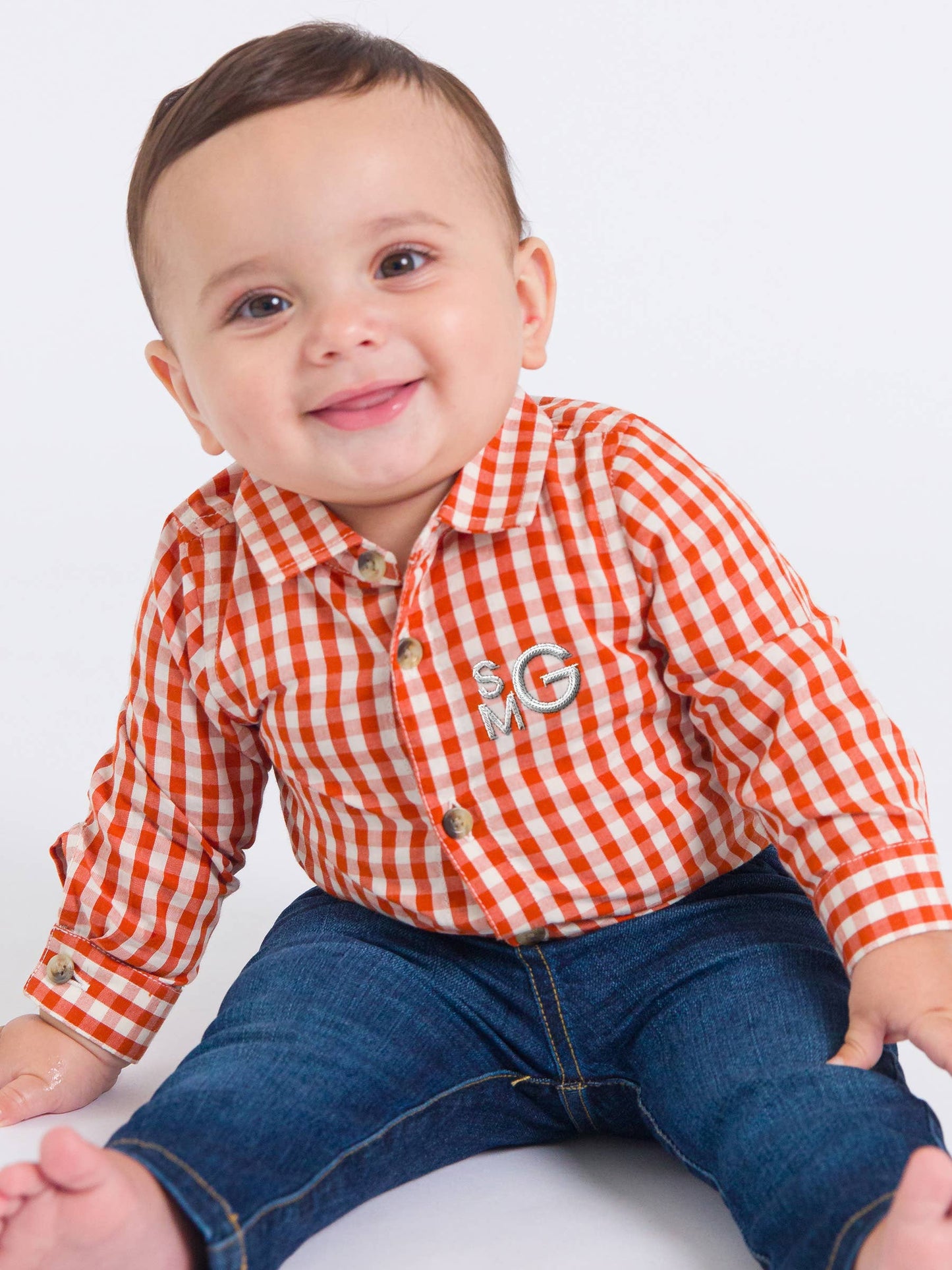 Baby Boys Classic Rust Gingham Long Sleeve Button Down Bodysuit