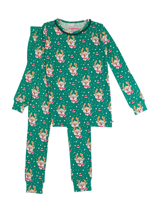 Girls Reindeer Cheer Bamboo Viscose Ruffle Long Sleeve Pajama Set