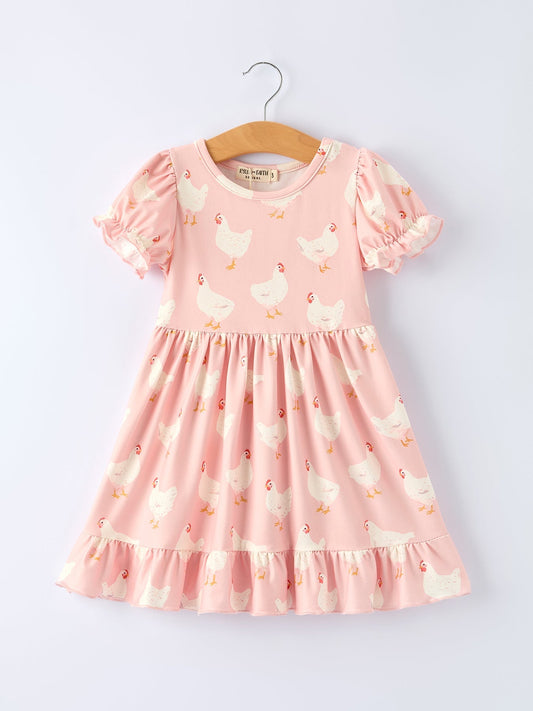 Farm Spring Chicken Print Girls Ruffle Dress - Sunny Meadow Boutique