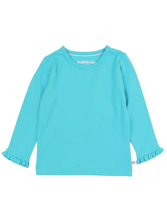 Girls Bright Aqua Knit Long Sleeve Ruffle Sleeve Top