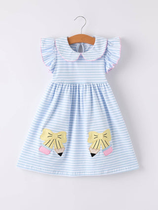 Back To School Girls Stripe Pencil Applique Bow Dress