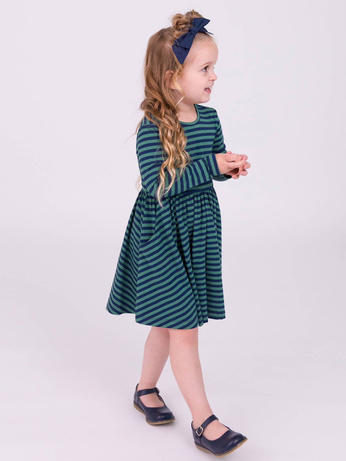 Girls Fir Green & Navy Stripe Knit Long Sleeve Twirl Dress