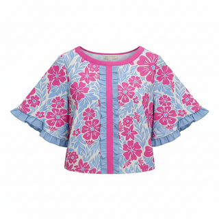 Ruffle Trim Floral Blouse, Pink/Blue