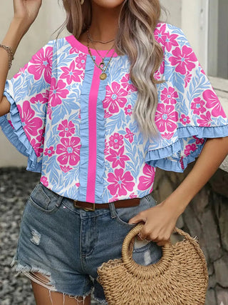 Floral Ruffle Trim Blouse - Sunny Meadow Boutique