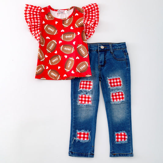 Gingham Football Girl's Set - Sunny Meadow Boutique