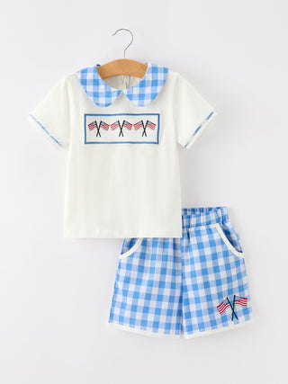 Girls 4th of July Plaid Outfit Set Flag Embroidery Peter Pan Collar - Sunny Meadow Boutique