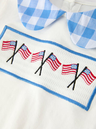 Girls 4th of July Plaid Outfit Set Flag Embroidery Peter Pan Collar - Sunny Meadow Boutique