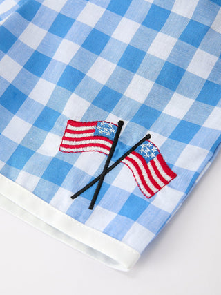 Girls 4th of July Plaid Outfit Set Flag Embroidery Peter Pan Collar - Sunny Meadow Boutique