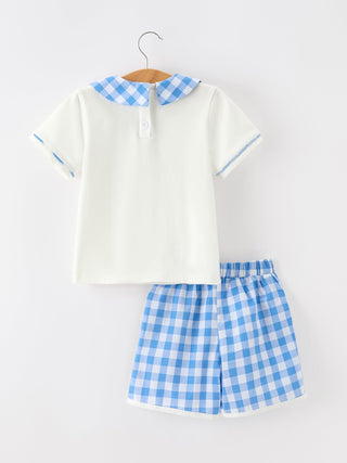Girls 4th of July Plaid Outfit Set Flag Embroidery Peter Pan Collar - Sunny Meadow Boutique