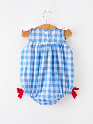 Girls 4th of July Plaid Romper Bow Embroidery Petals Collar - Sunny Meadow Boutique