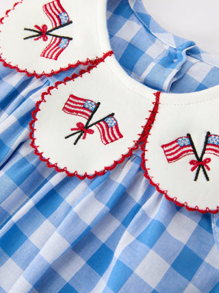 Girls 4th of July Plaid Romper Bow Embroidery Petals Collar - Sunny Meadow Boutique