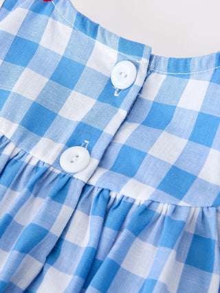 Girls 4th of July Plaid Romper Bow Embroidery Petals Collar - Sunny Meadow Boutique