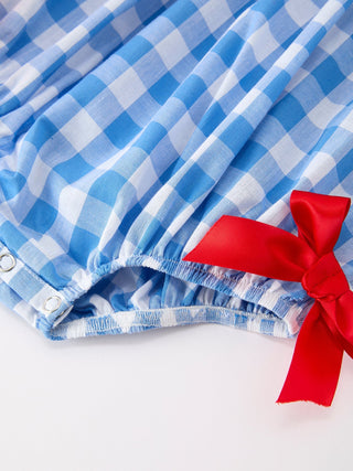Girls 4th of July Plaid Romper Bow Embroidery Petals Collar - Sunny Meadow Boutique