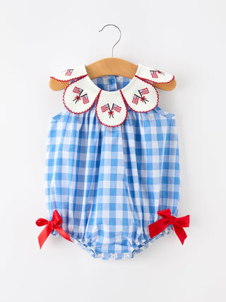 Girls 4th of July Plaid Romper Bow Embroidery Petals Collar - Sunny Meadow Boutique
