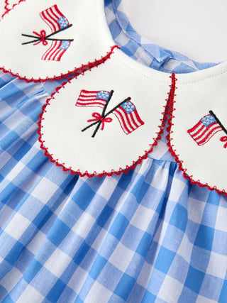 Girls 4th of July Plaid Twirl Dress Bow Embroidery Petals Collar - Sunny Meadow Boutique