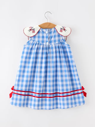 Girls 4th of July Plaid Twirl Dress Bow Embroidery Petals Collar - Sunny Meadow Boutique