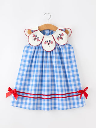 Girls 4th of July Plaid Twirl Dress Bow Embroidery Petals Collar - Sunny Meadow Boutique